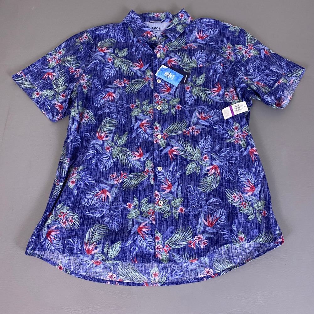 IZOD Saltwater Chambray Shirt Men's XXL Navy Blue Tropical Floral Dockside NWT